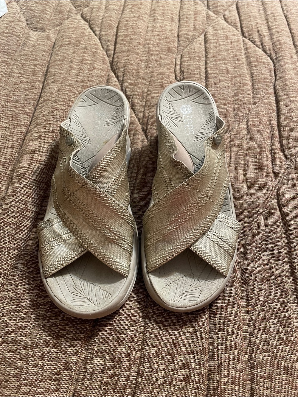 Bzees Women's Crisscross Metallic Slide Sandals in Gold and Beige